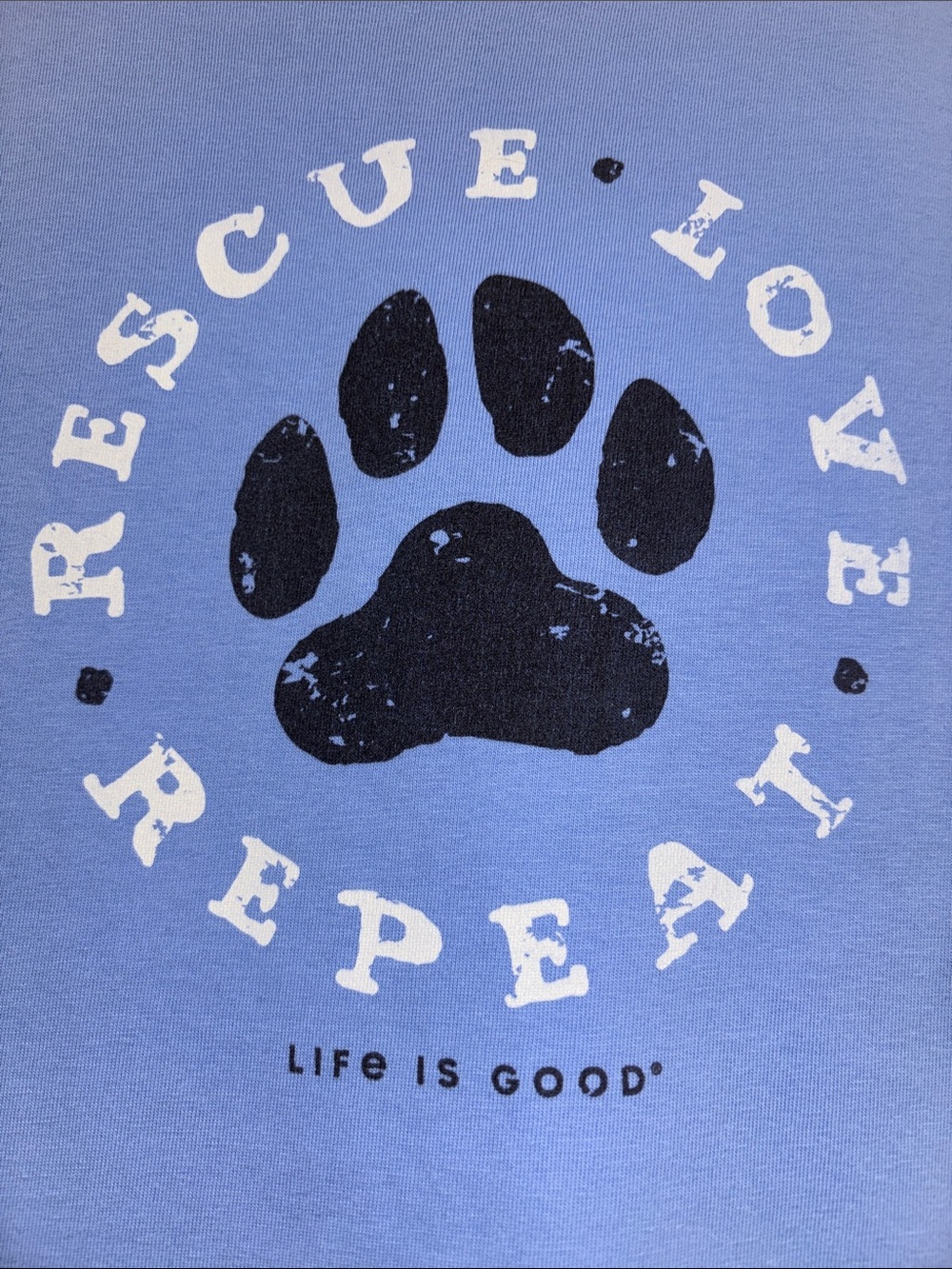 Life Is Good Cornflower Blue Rescue Love Repeat Paw Short Sleeve Tee